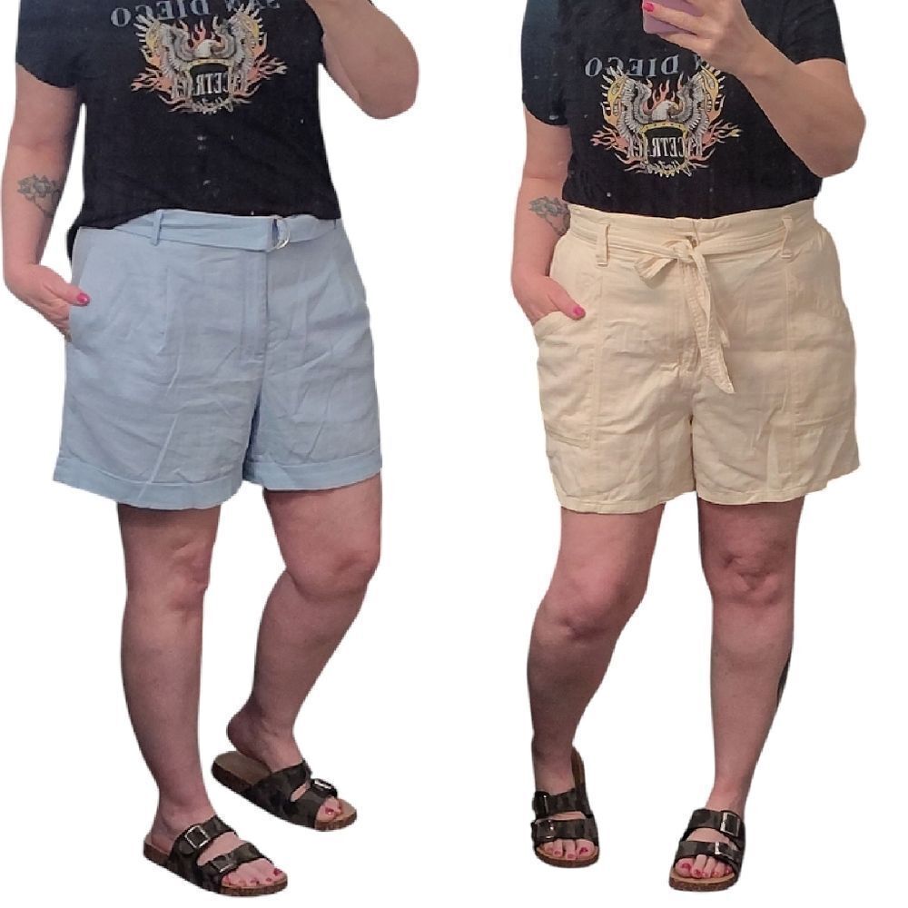 2 Pairs Cream and Blue High Rise Belted Cotton Linen Shorts Lot SZ 12 Large